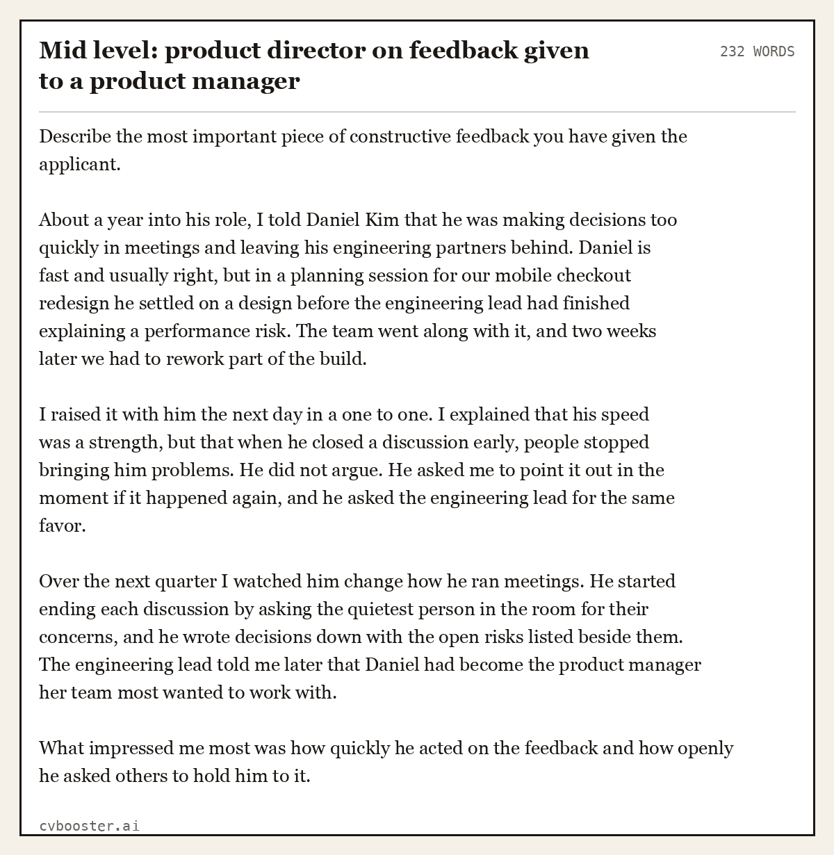 Complete Mid level: product director on feedback given to a product manager example, 232 words, laid out as it would sit in the application form