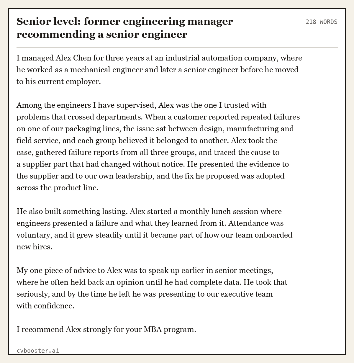 Complete Senior level: former engineering manager recommending a senior engineer example, 218 words, laid out as it would sit in the application form