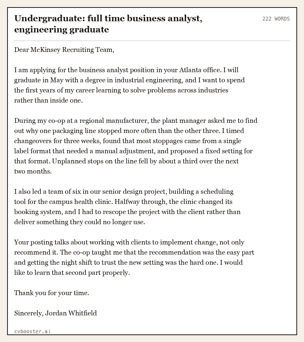 Complete Undergraduate: full time business analyst, engineering graduate example, 222 words, laid out as it would sit in the application form