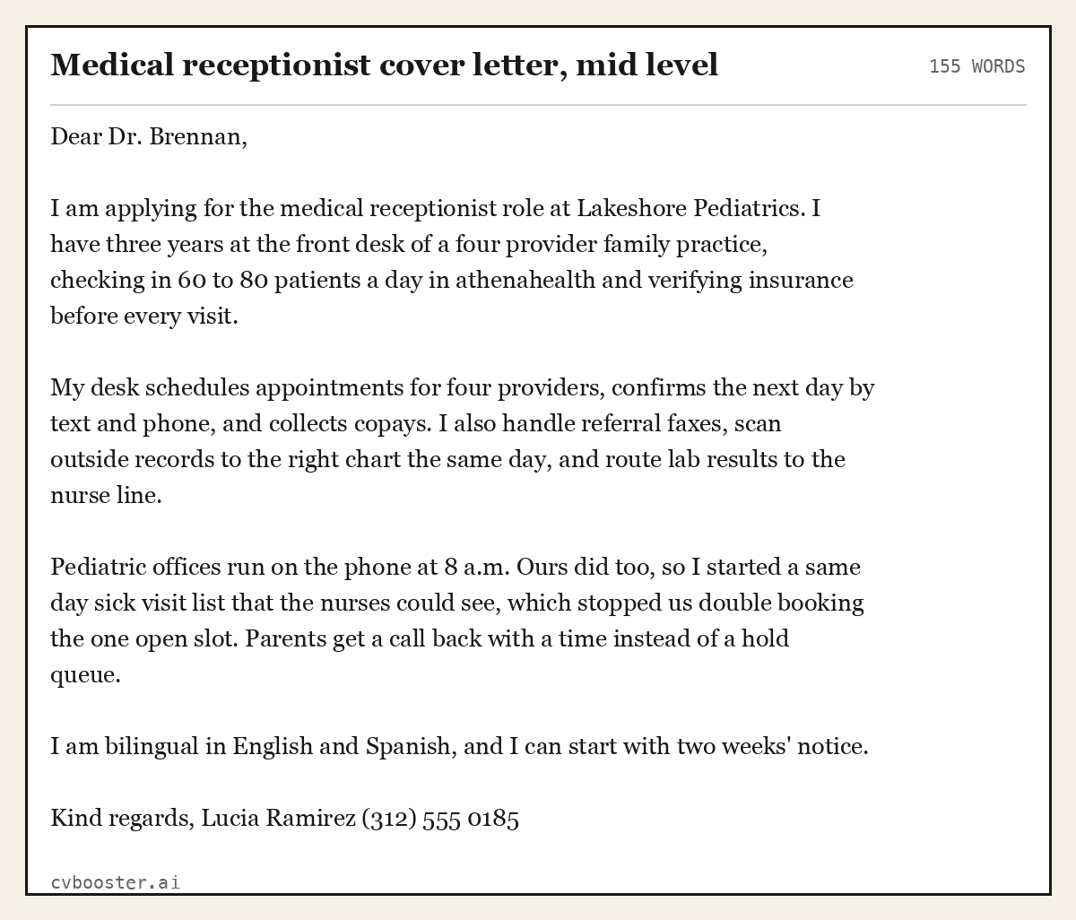 Complete Medical receptionist cover letter, mid level example, 155 words, laid out as it would sit in the application form