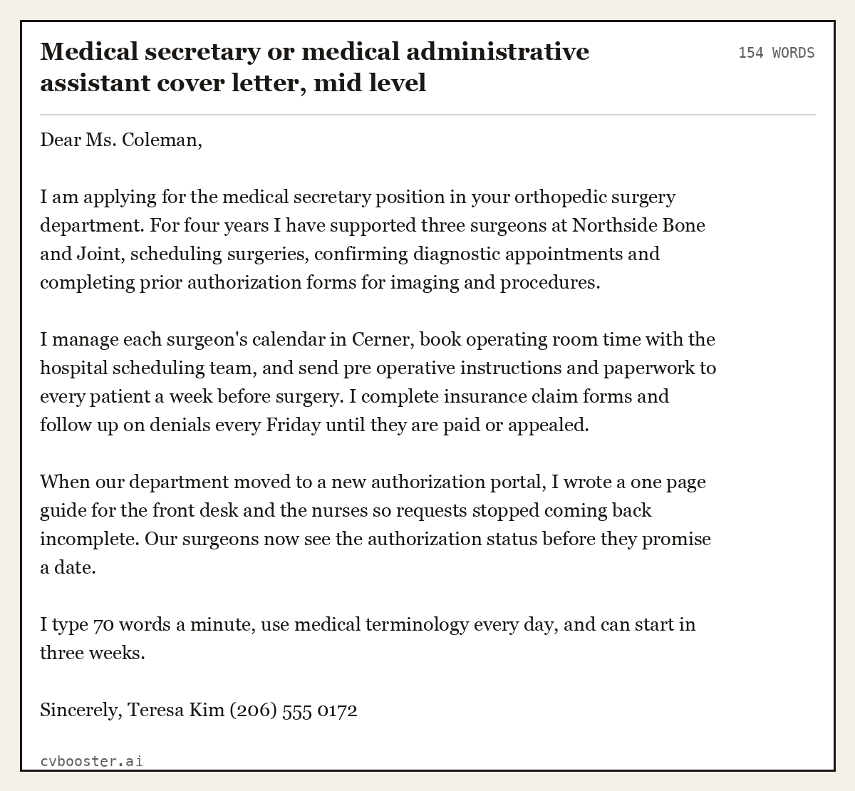 Complete Medical secretary or medical administrative assistant cover letter, mid level example, 154 words, laid out as it would sit in the application form