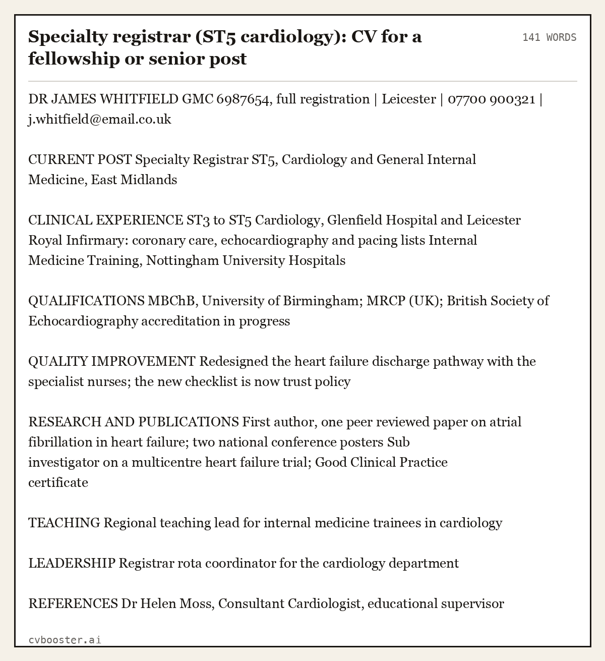 Complete Specialty registrar (ST5 cardiology): CV for a fellowship or senior post example, 141 words, laid out as it would sit in the application form