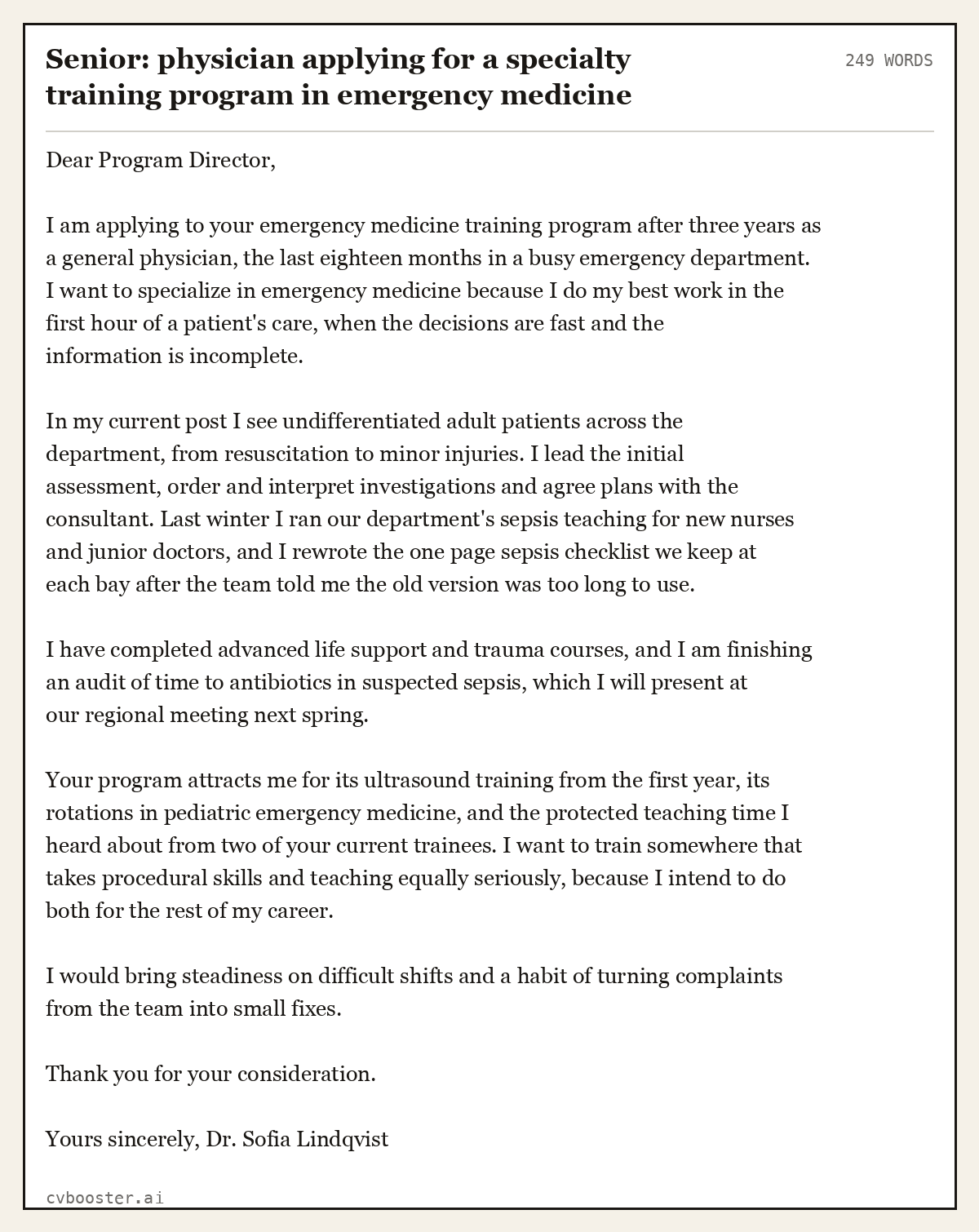 Complete Senior: physician applying for a specialty training program in emergency medicine example, 249 words, laid out as it would sit in the application form