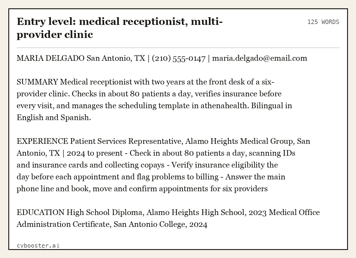 Complete Entry level: medical receptionist, multi-provider clinic example, 125 words, laid out as it would sit in the application form