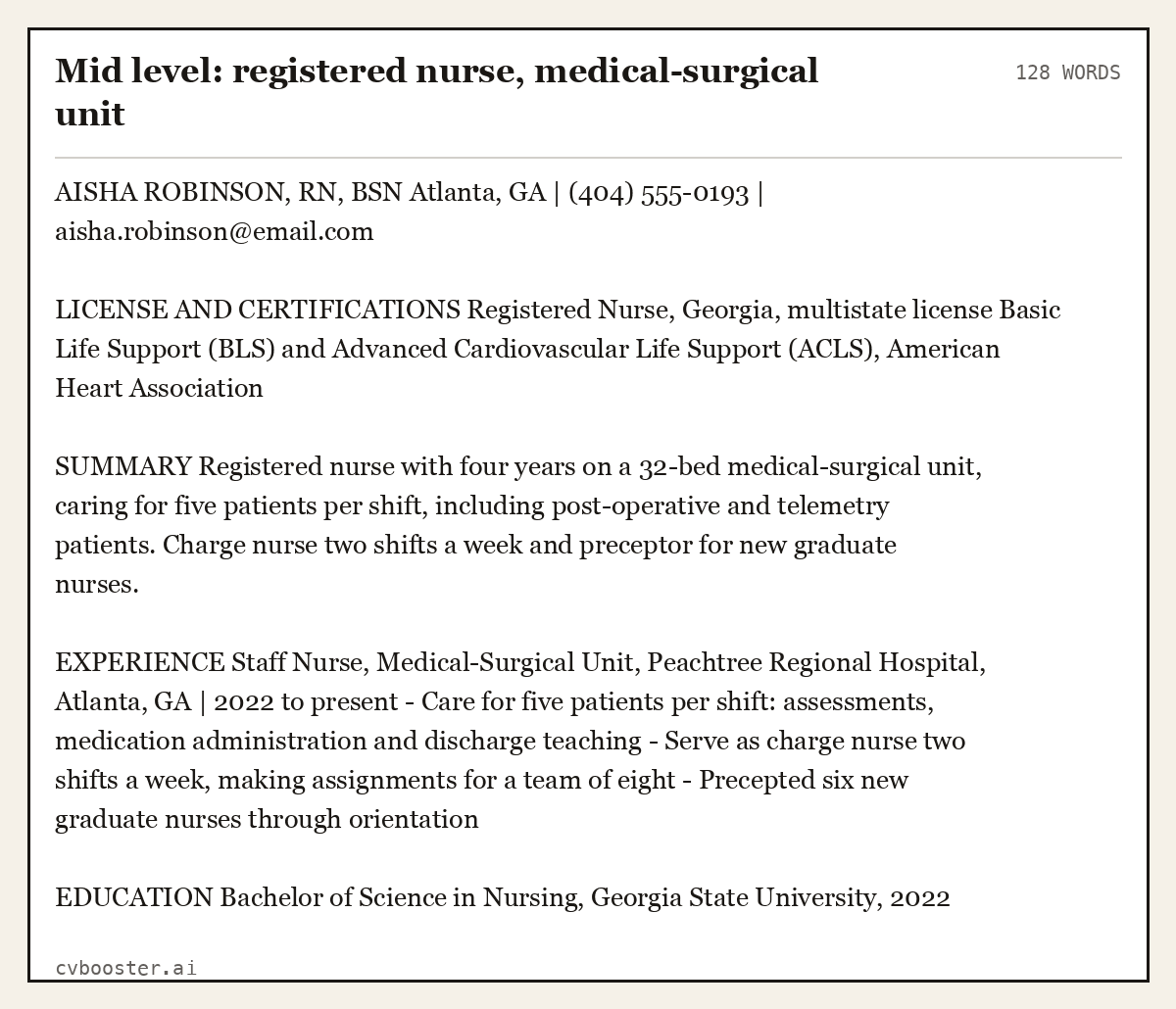 Complete Mid level: registered nurse, medical-surgical unit example, 128 words, laid out as it would sit in the application form