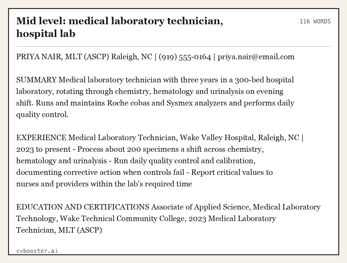 Complete Mid level: medical laboratory technician, hospital lab example, 116 words, laid out as it would sit in the application form