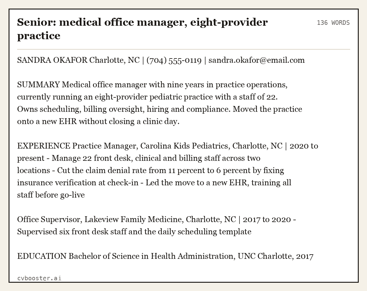 Complete Senior: medical office manager, eight-provider practice example, 136 words, laid out as it would sit in the application form