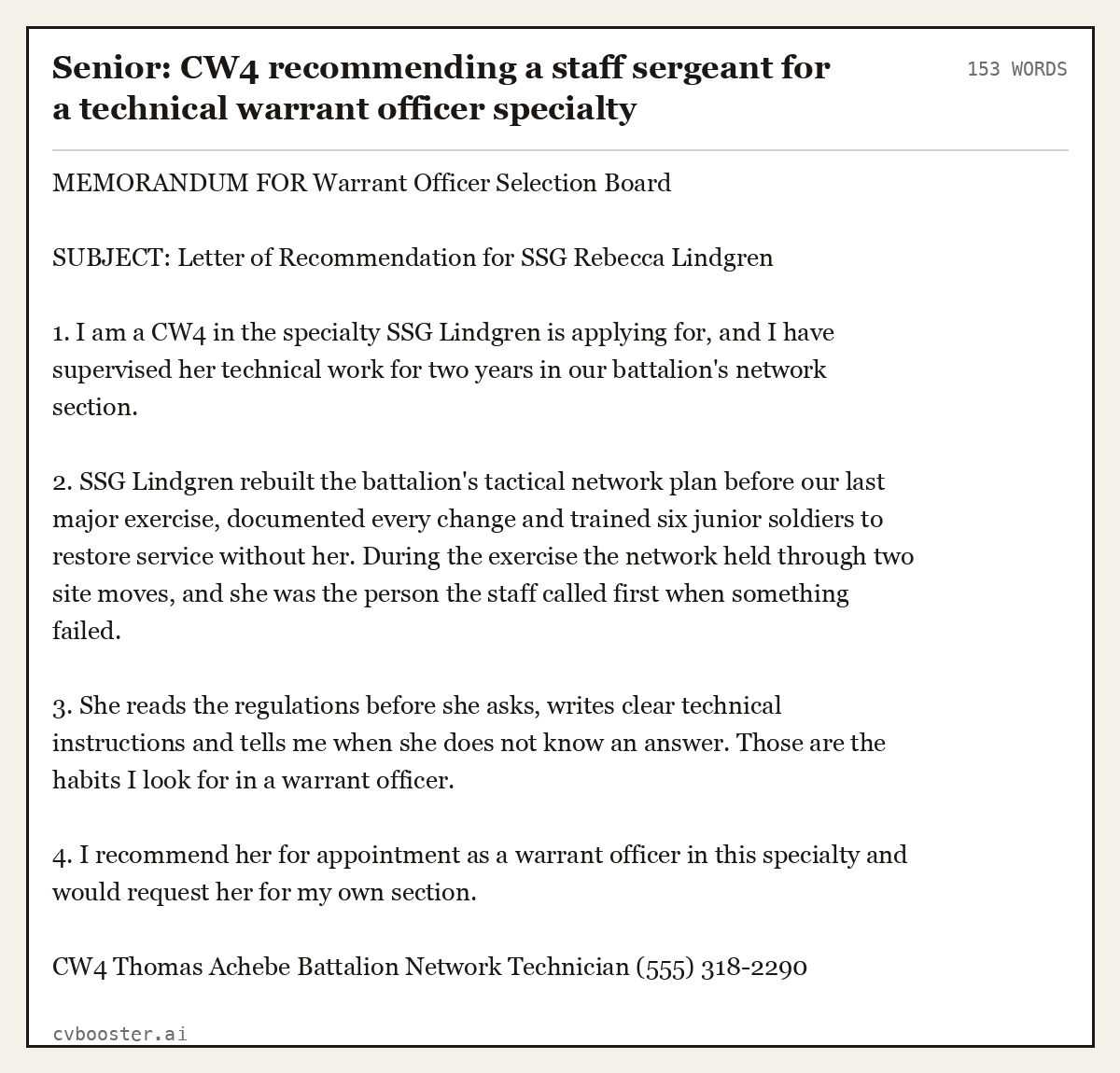 Complete Senior: CW4 recommending a staff sergeant for a technical warrant officer specialty example, 153 words, laid out as it would sit in the application form