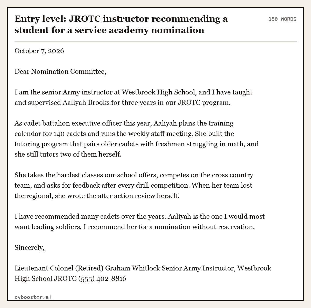 Complete Entry level: JROTC instructor recommending a student for a service academy nomination example, 150 words, laid out as it would sit in the application form