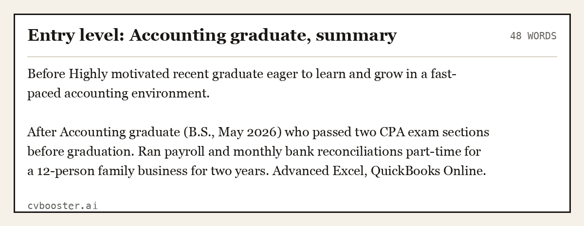 Complete Entry level: Accounting graduate, summary example, 48 words, laid out as it would sit in the application form