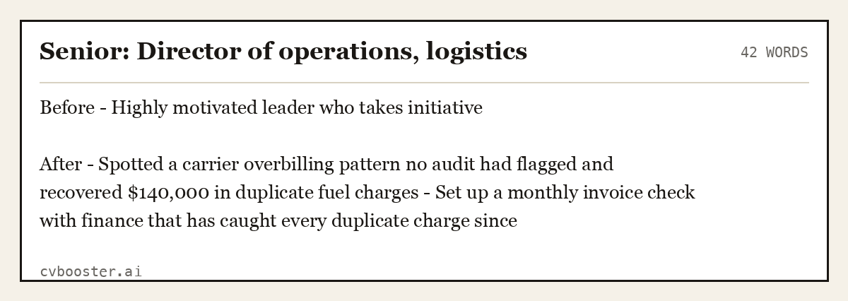 Complete Senior: Director of operations, logistics example, 42 words, laid out as it would sit in the application form