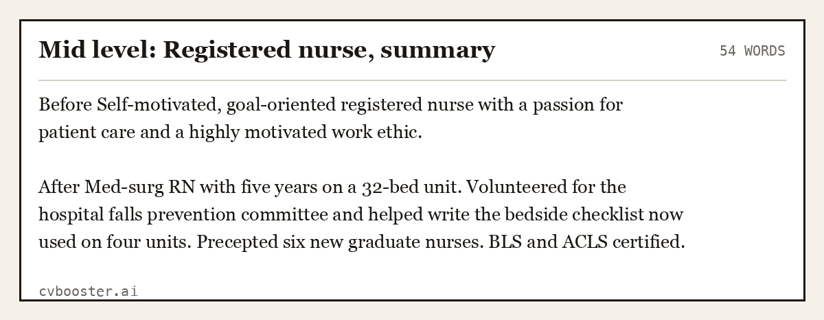 Complete Mid level: Registered nurse, summary example, 54 words, laid out as it would sit in the application form