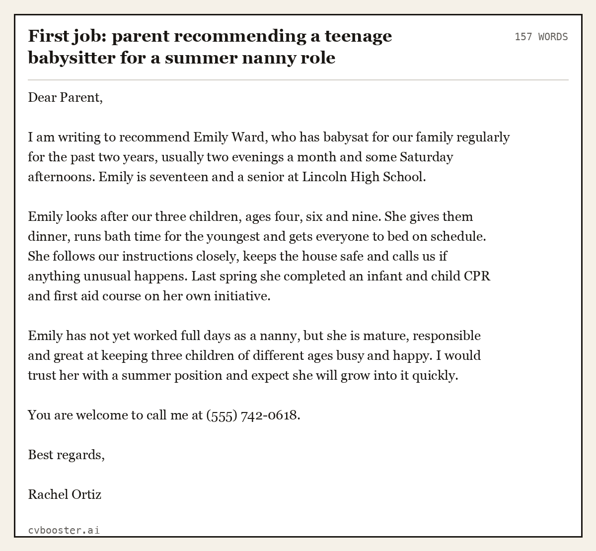 Complete First job: parent recommending a teenage babysitter for a summer nanny role example, 157 words, laid out as it would sit in the application form