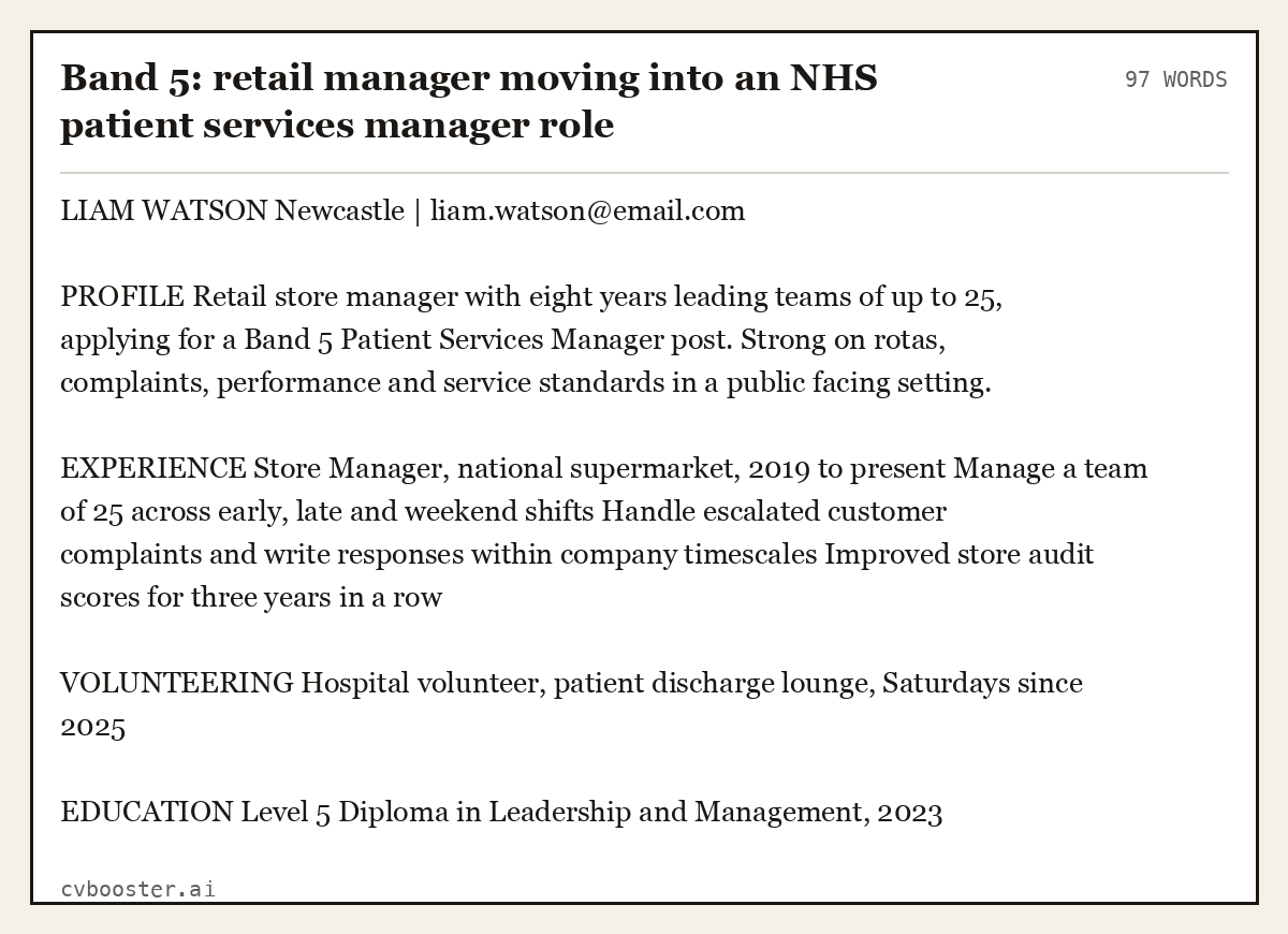 Complete Band 5: retail manager moving into an NHS patient services manager role example, 97 words, laid out as it would sit in the application form