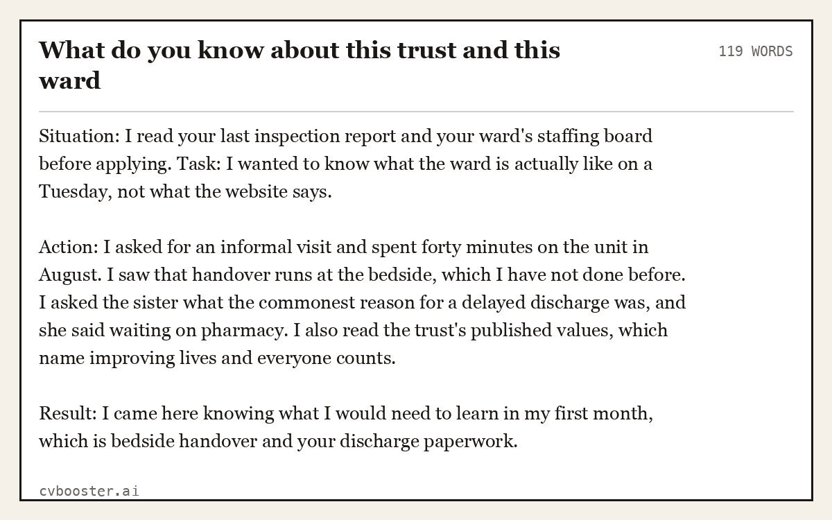 Full interview answer to "What do you know about this trust and this ward", 119 words, labelled Situation, Task, Action, Result