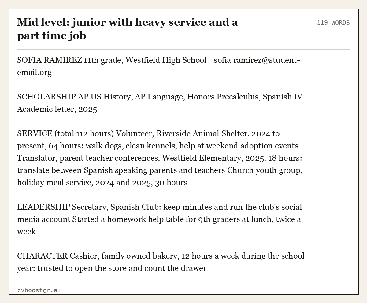 Complete Mid level: junior with heavy service and a part time job example, 119 words, laid out as it would sit in the application form