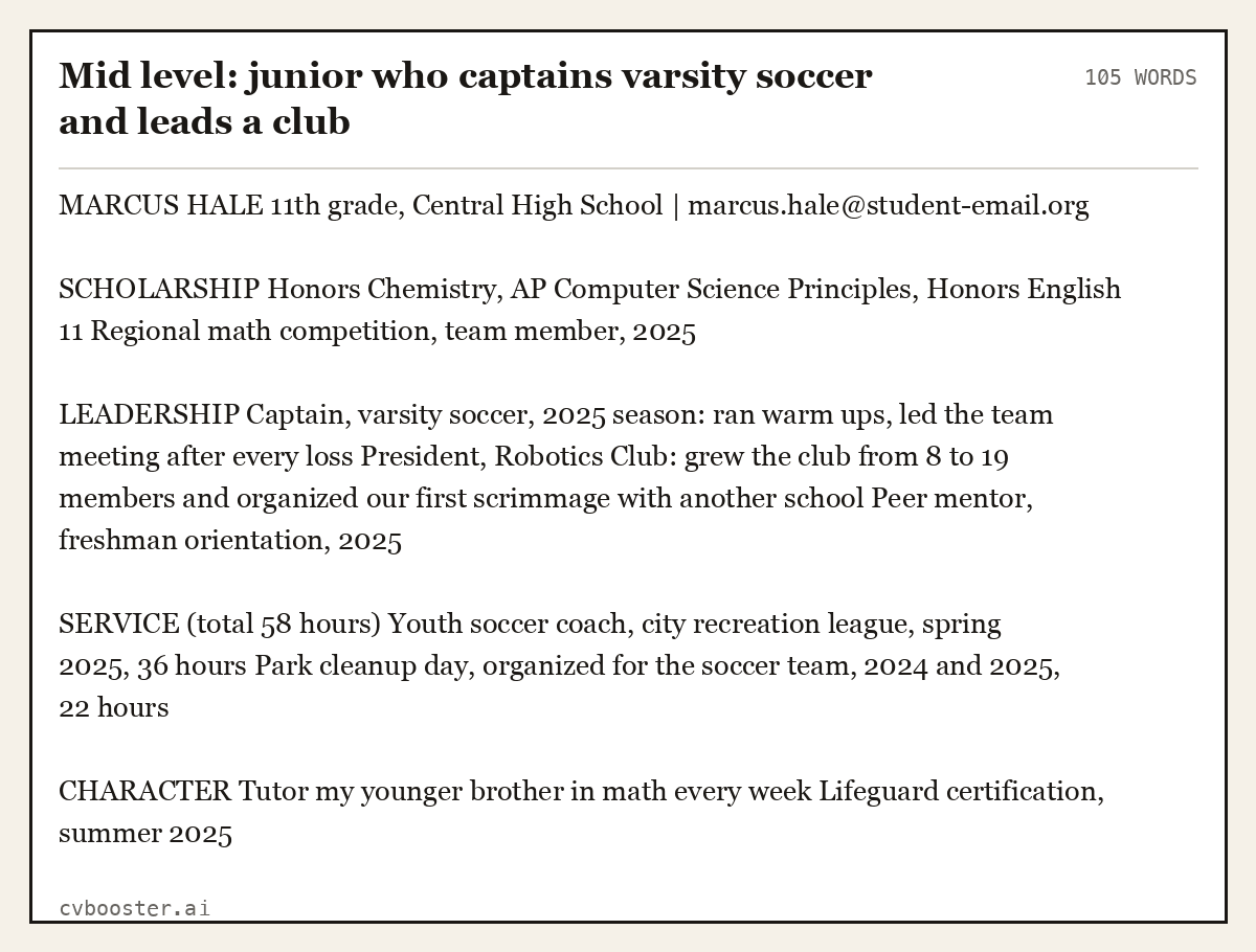 Complete Mid level: junior who captains varsity soccer and leads a club example, 105 words, laid out as it would sit in the application form