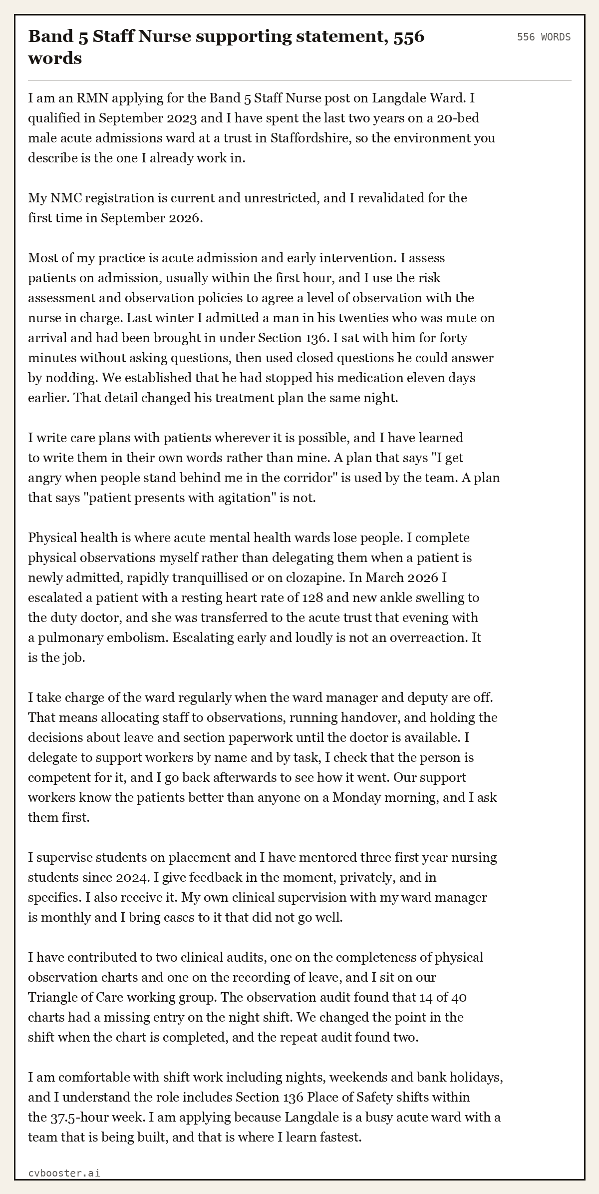 Complete Band 5 Staff Nurse supporting statement example, 556 words, laid out as it would sit in the application form