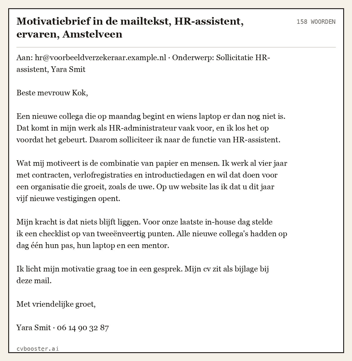 Uitgewerkt voorbeeld: Motivatiebrief in de mailtekst, HR-assistent, ervaren, Amstelveen, 158 woorden