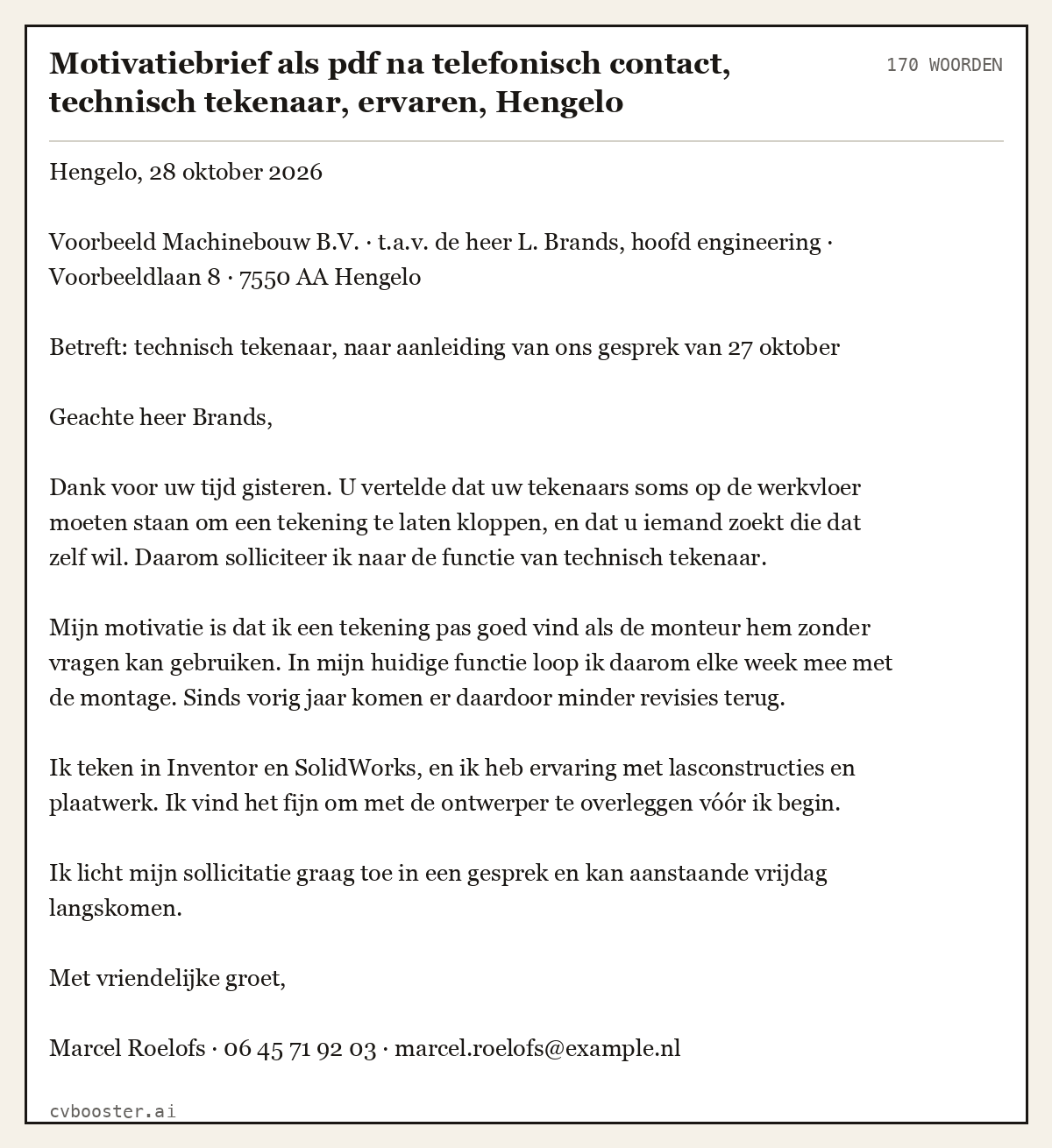 Uitgewerkt voorbeeld: Motivatiebrief als pdf na telefonisch contact, technisch tekenaar, ervaren, Hengelo, 170 woorden