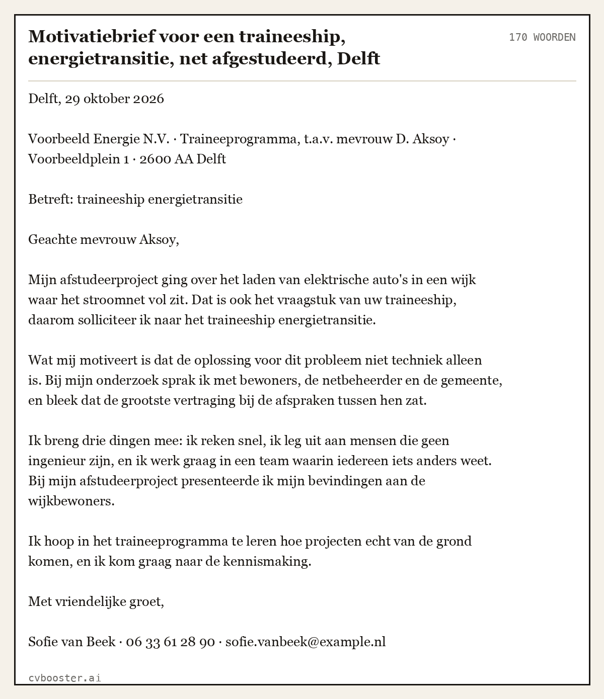 Uitgewerkt voorbeeld: Motivatiebrief voor een traineeship, energietransitie, net afgestudeerd, Delft, 170 woorden