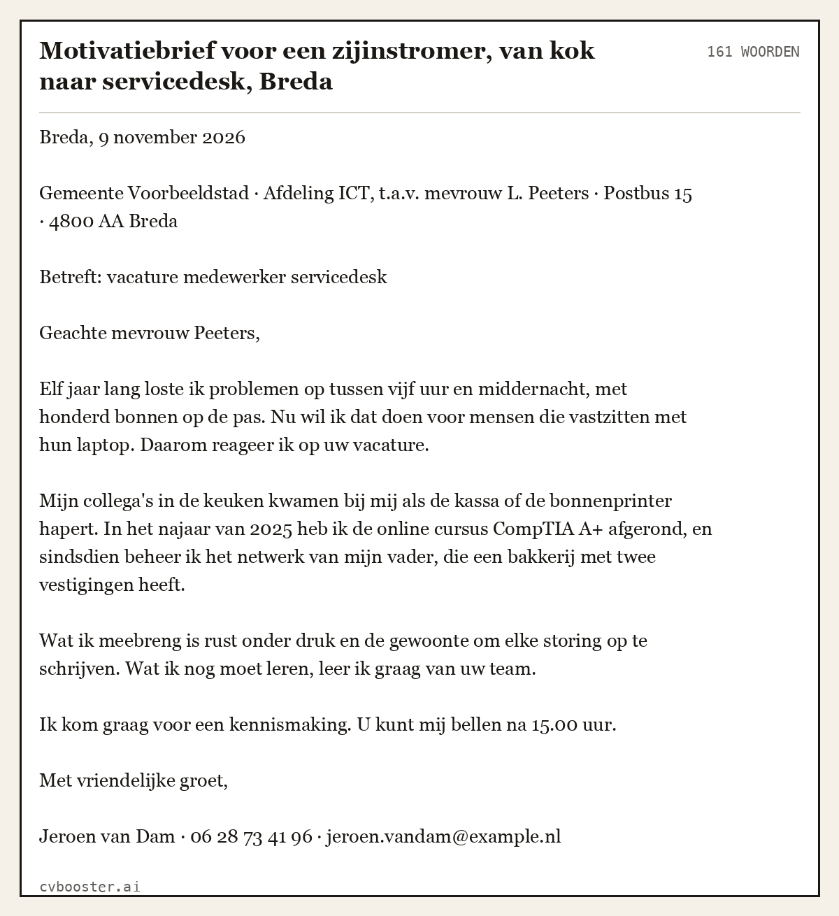 Uitgewerkt voorbeeld: Motivatiebrief voor een zijinstromer, van kok naar servicedesk, Breda, 161 woorden
