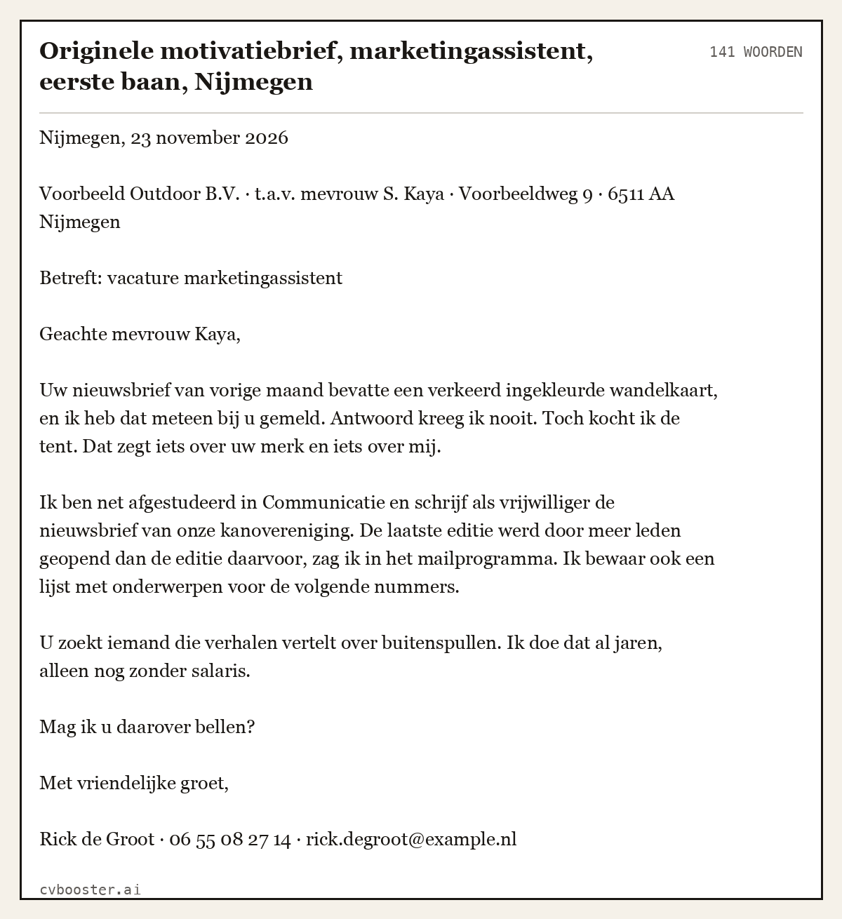 Uitgewerkt voorbeeld: Originele motivatiebrief, marketingassistent, eerste baan, Nijmegen, 141 woorden
