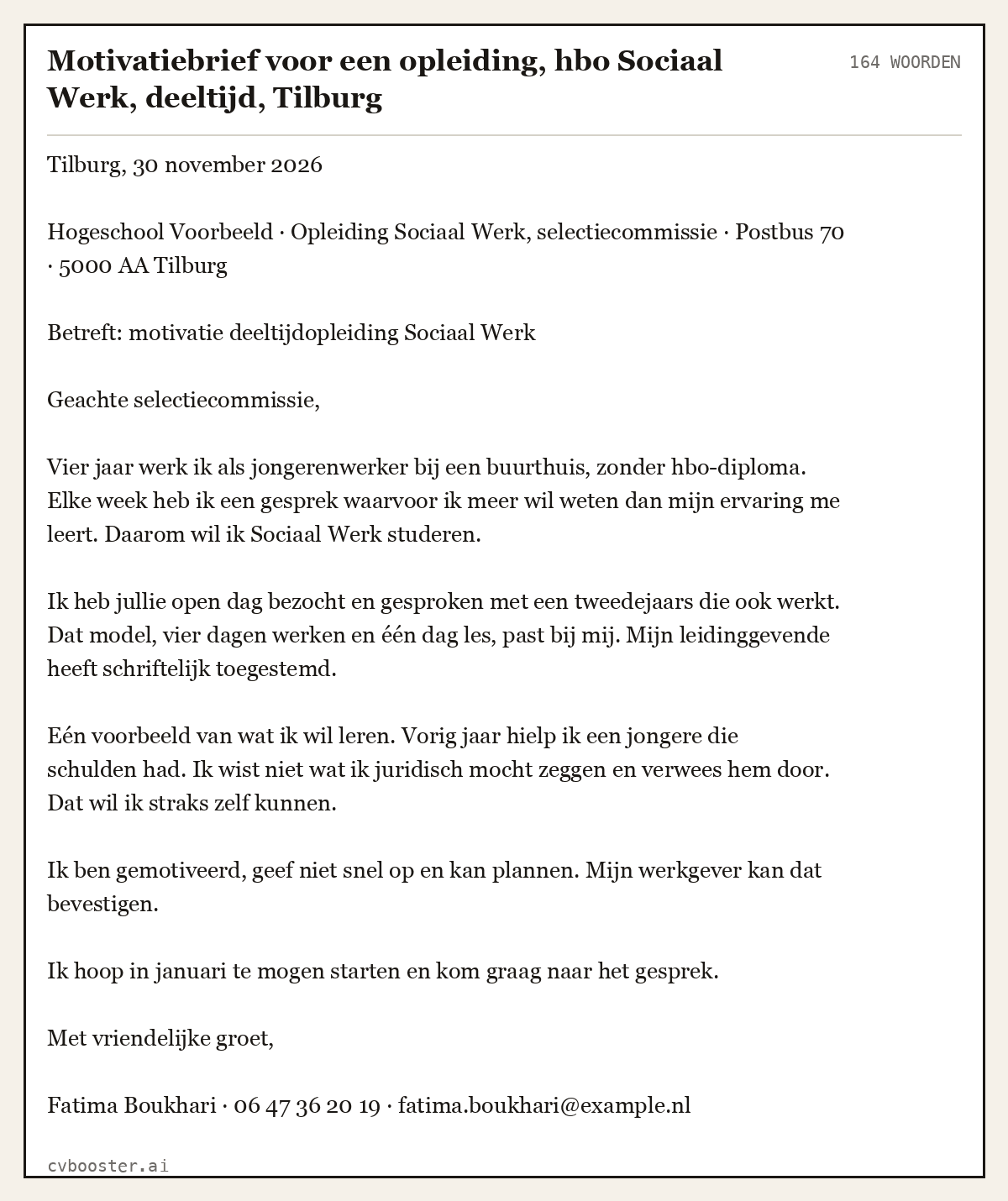 Uitgewerkt voorbeeld: Motivatiebrief voor een opleiding, hbo Sociaal Werk, deeltijd, Tilburg, 164 woorden