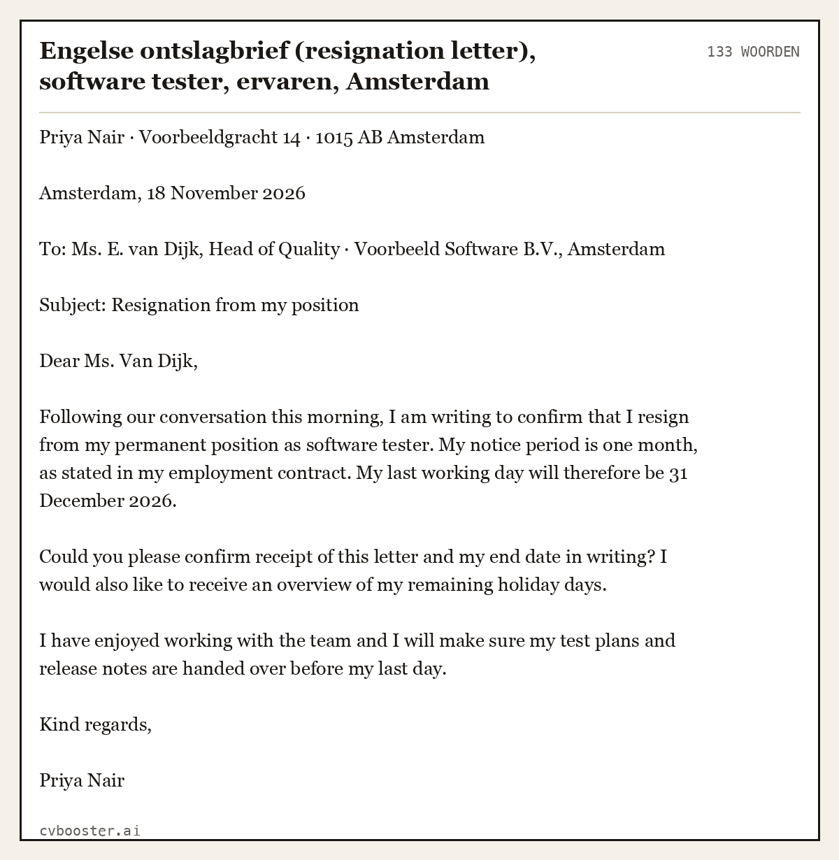 Uitgewerkt voorbeeld: Engelse ontslagbrief (resignation letter), software tester, ervaren, Amsterdam, 133 woorden