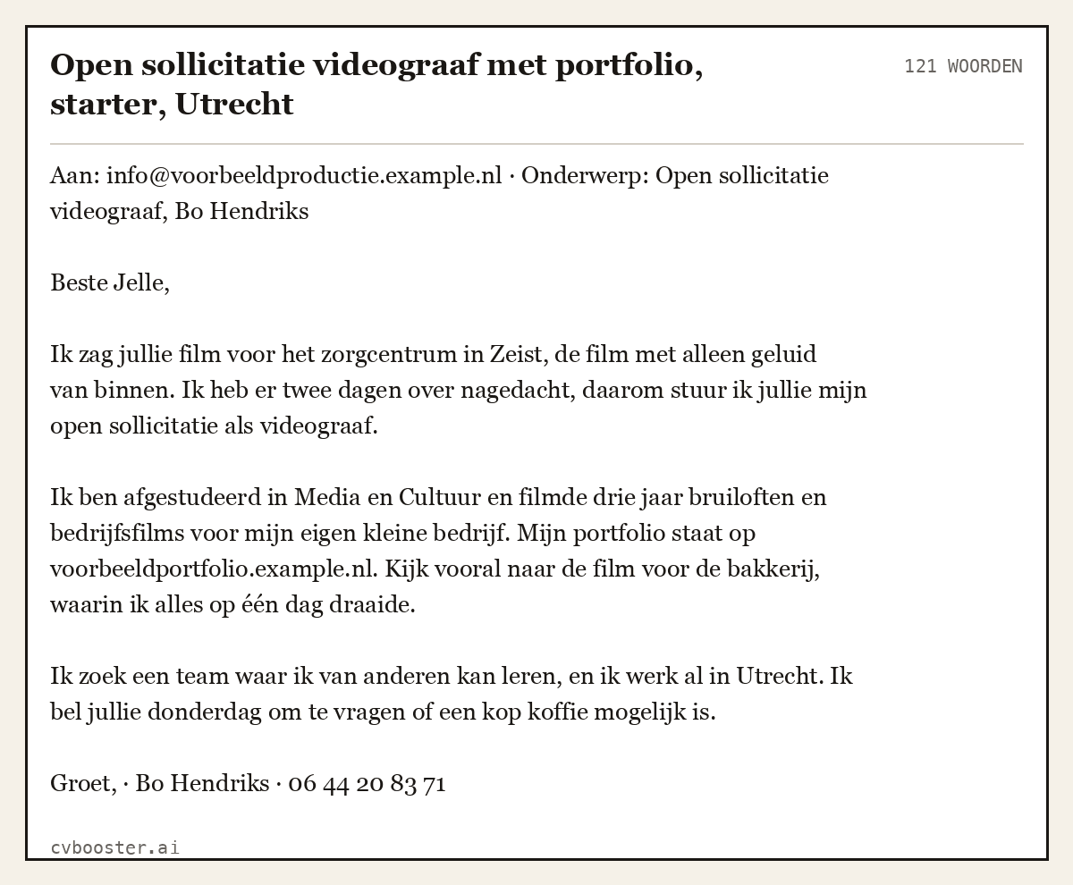 Uitgewerkt voorbeeld: Open sollicitatie videograaf met portfolio, starter, Utrecht, 121 woorden