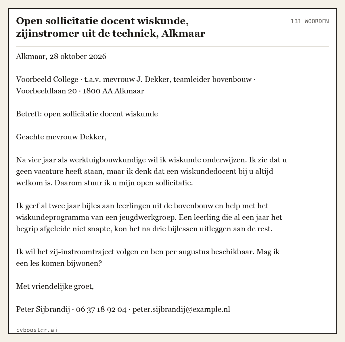 Uitgewerkt voorbeeld: Open sollicitatie docent wiskunde, zijinstromer uit de techniek, Alkmaar, 131 woorden