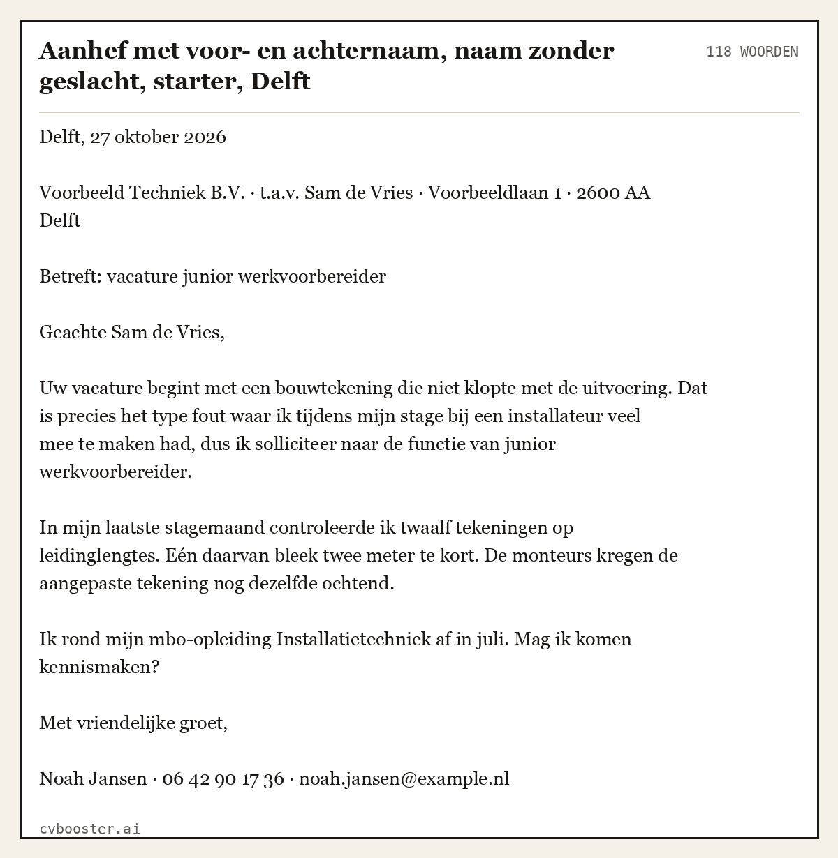 Uitgewerkt voorbeeld: Aanhef met voor- en achternaam, naam zonder geslacht, starter, Delft, 118 woorden