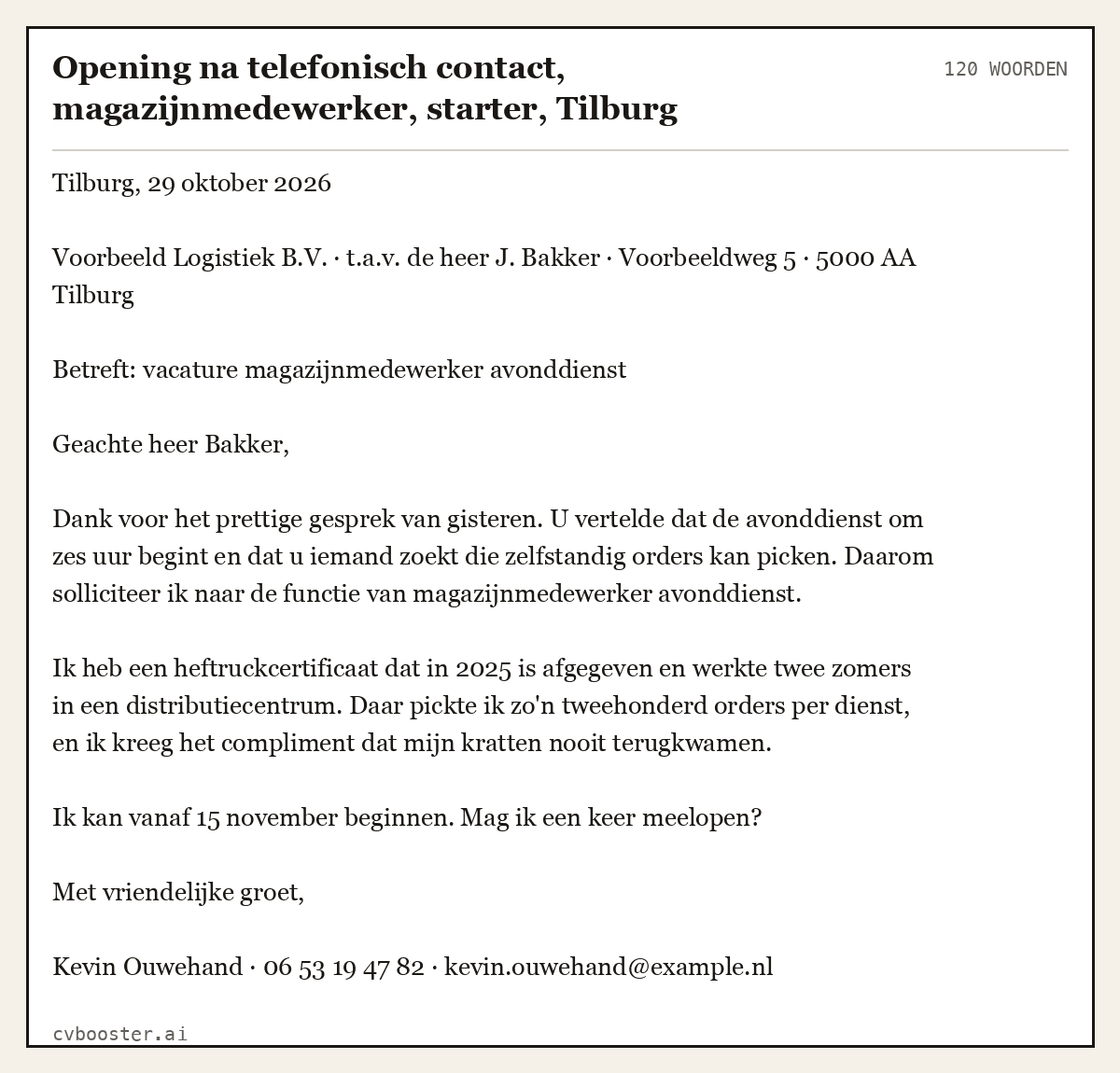 Uitgewerkt voorbeeld: Opening na telefonisch contact, magazijnmedewerker, starter, Tilburg, 120 woorden