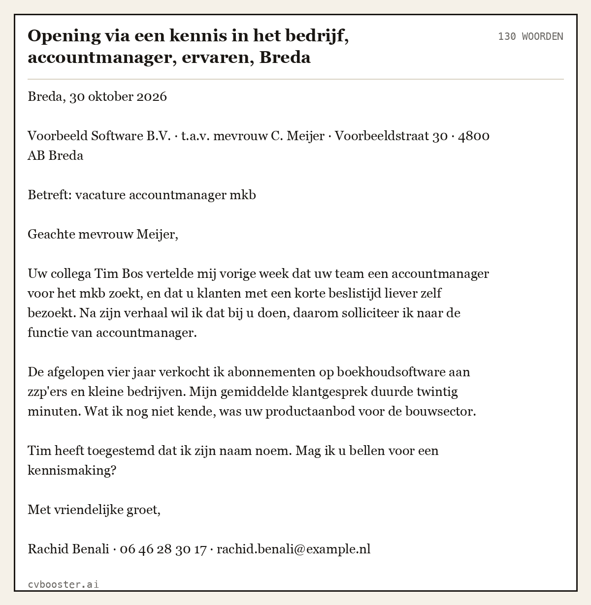 Uitgewerkt voorbeeld: Opening via een kennis in het bedrijf, accountmanager, ervaren, Breda, 130 woorden