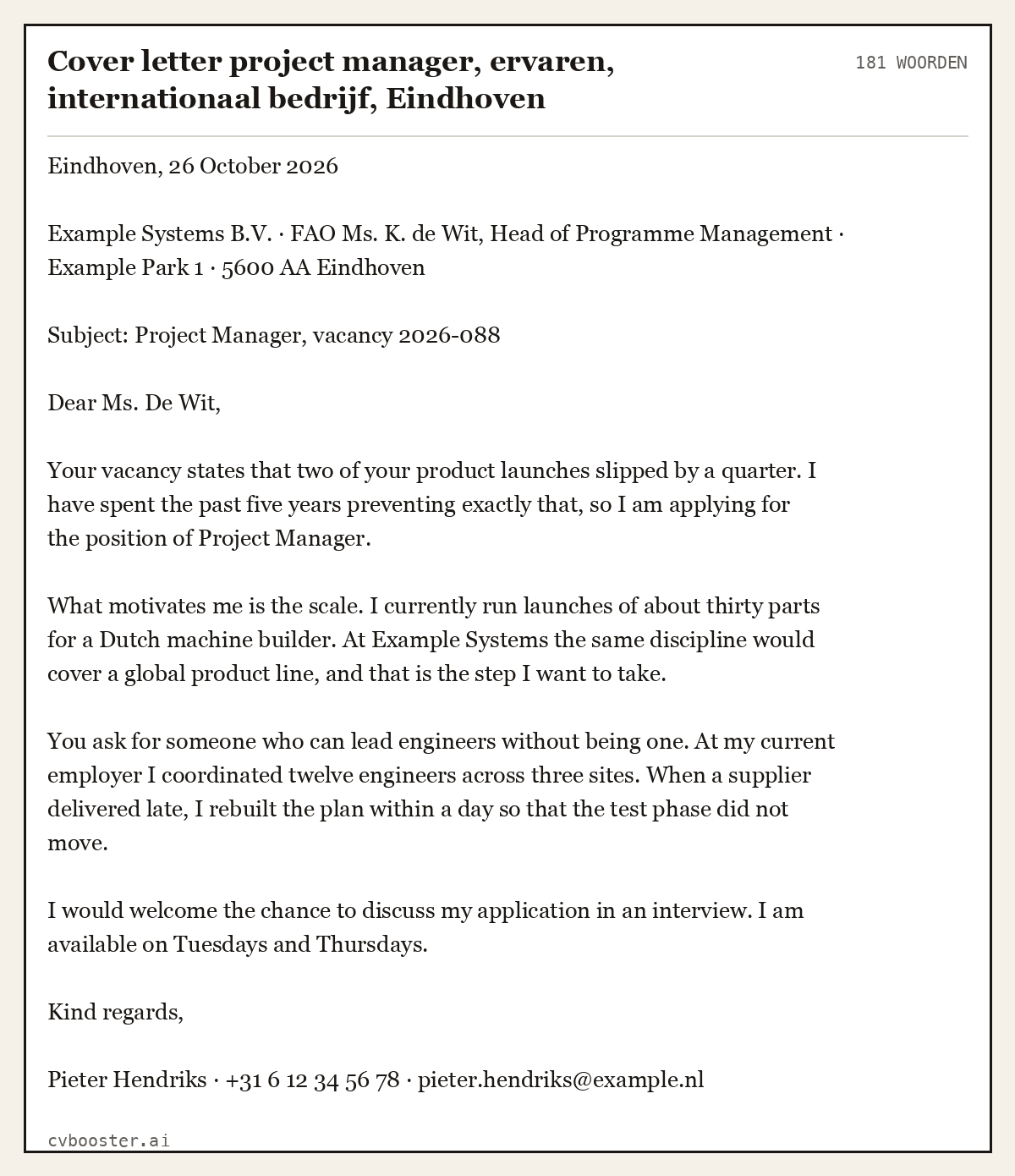 Uitgewerkt voorbeeld: Cover letter project manager, ervaren, internationaal bedrijf, Eindhoven, 181 woorden