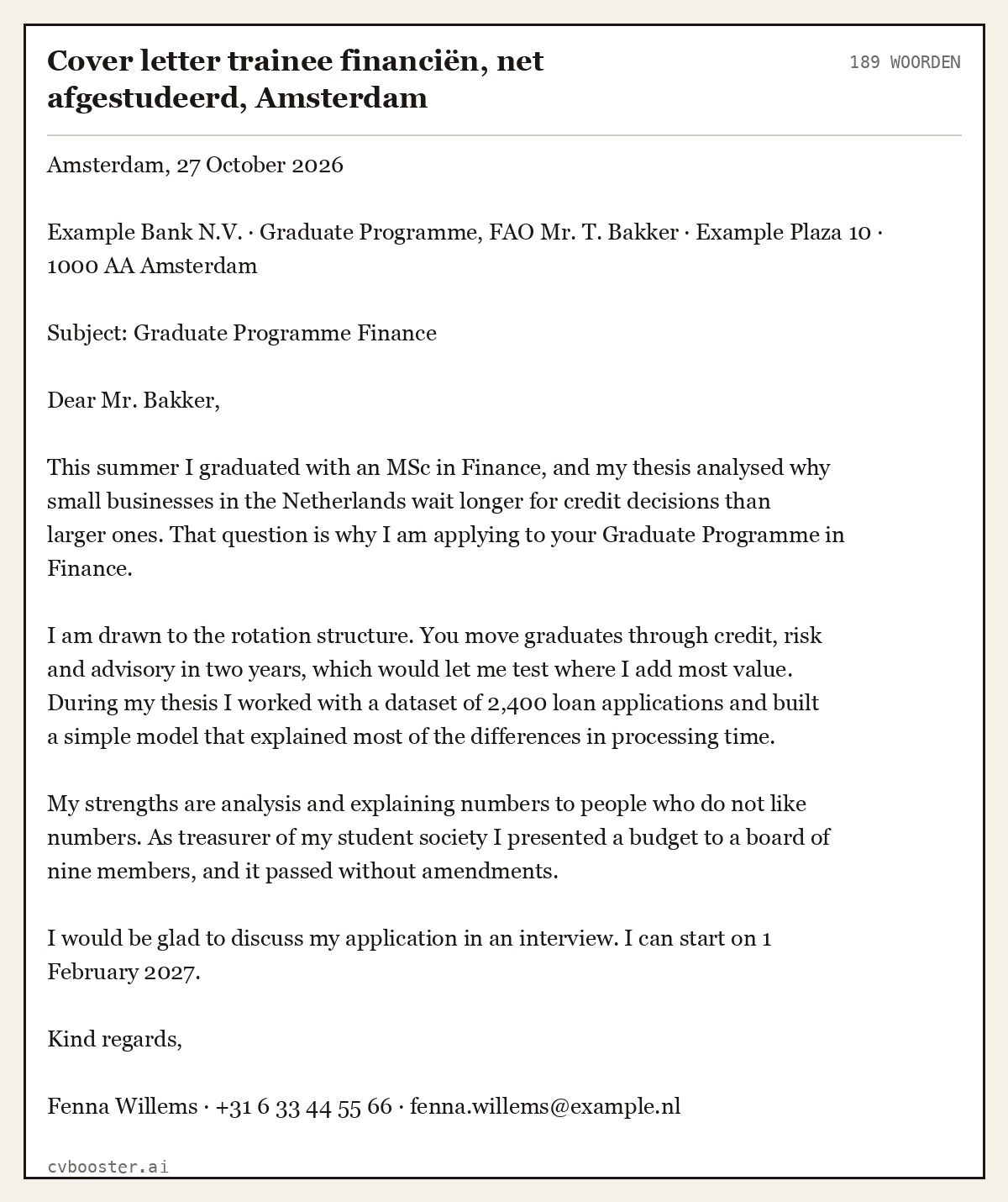 Uitgewerkt voorbeeld: Cover letter trainee financiën, net afgestudeerd, Amsterdam, 189 woorden