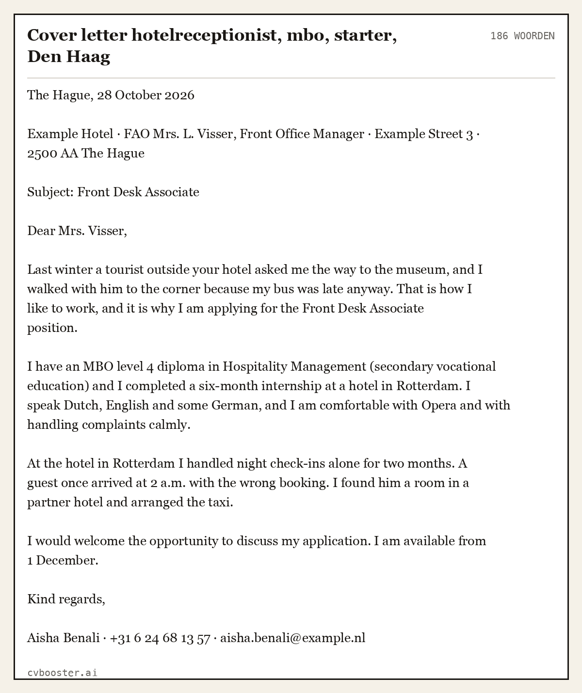 Uitgewerkt voorbeeld: Cover letter hotelreceptionist, mbo, starter, Den Haag, 186 woorden