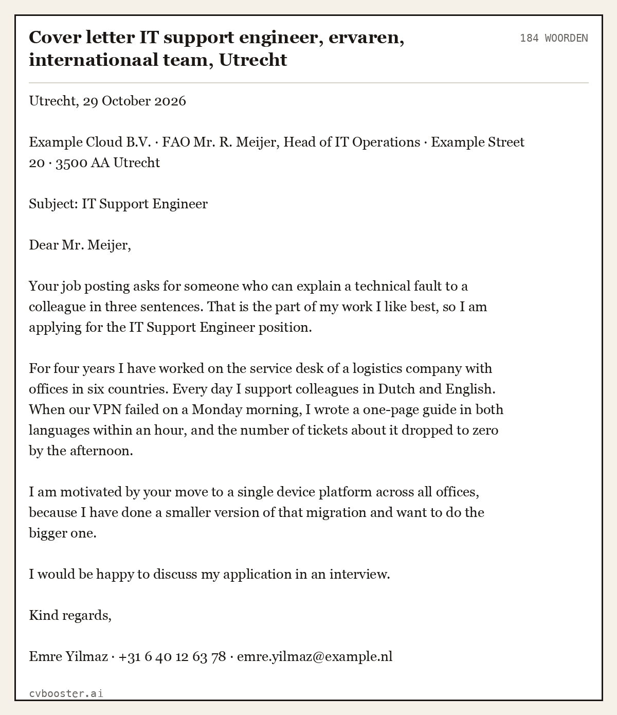 Uitgewerkt voorbeeld: Cover letter IT support engineer, ervaren, internationaal team, Utrecht, 184 woorden