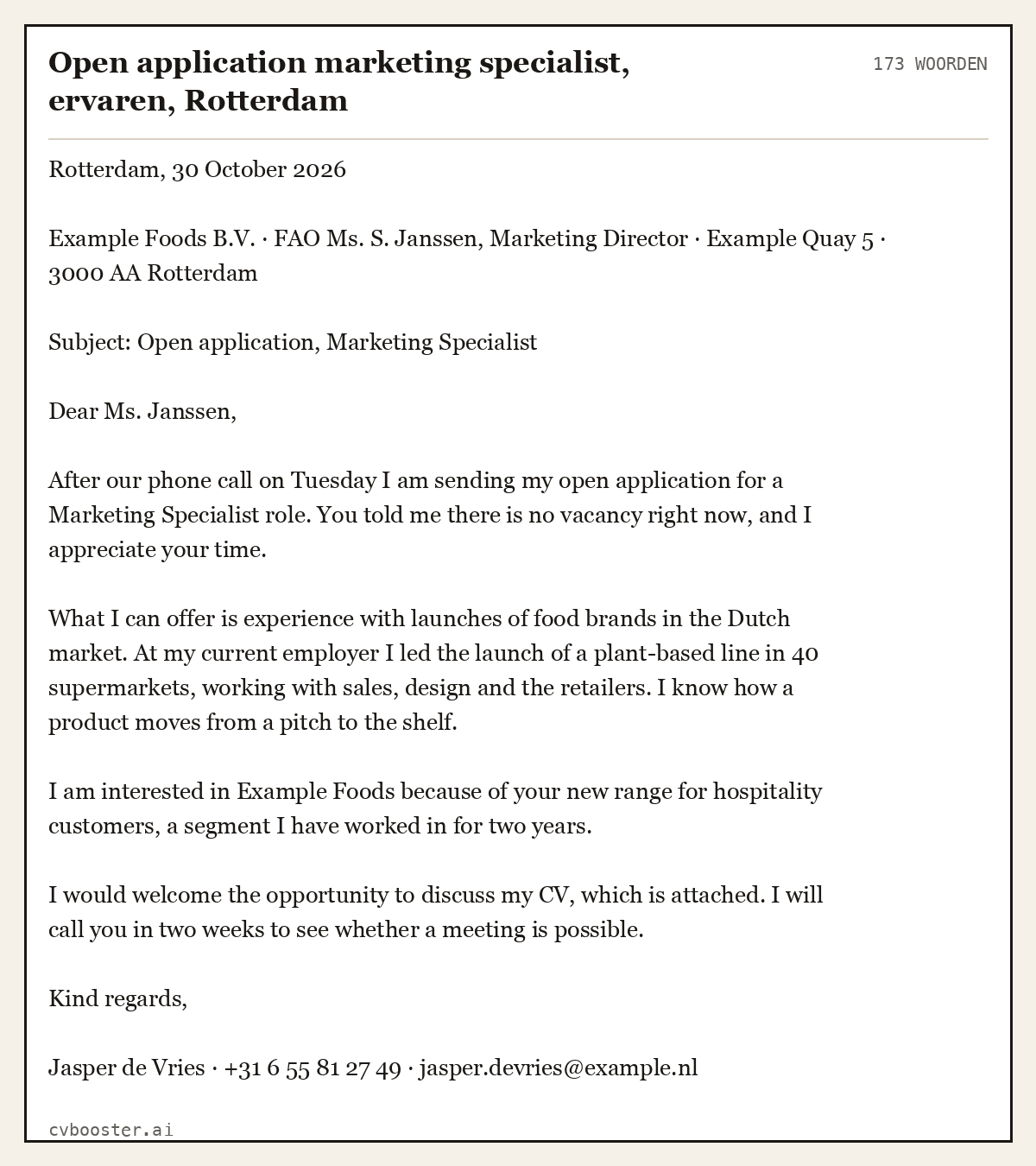 Uitgewerkt voorbeeld: Open application marketing specialist, ervaren, Rotterdam, 173 woorden