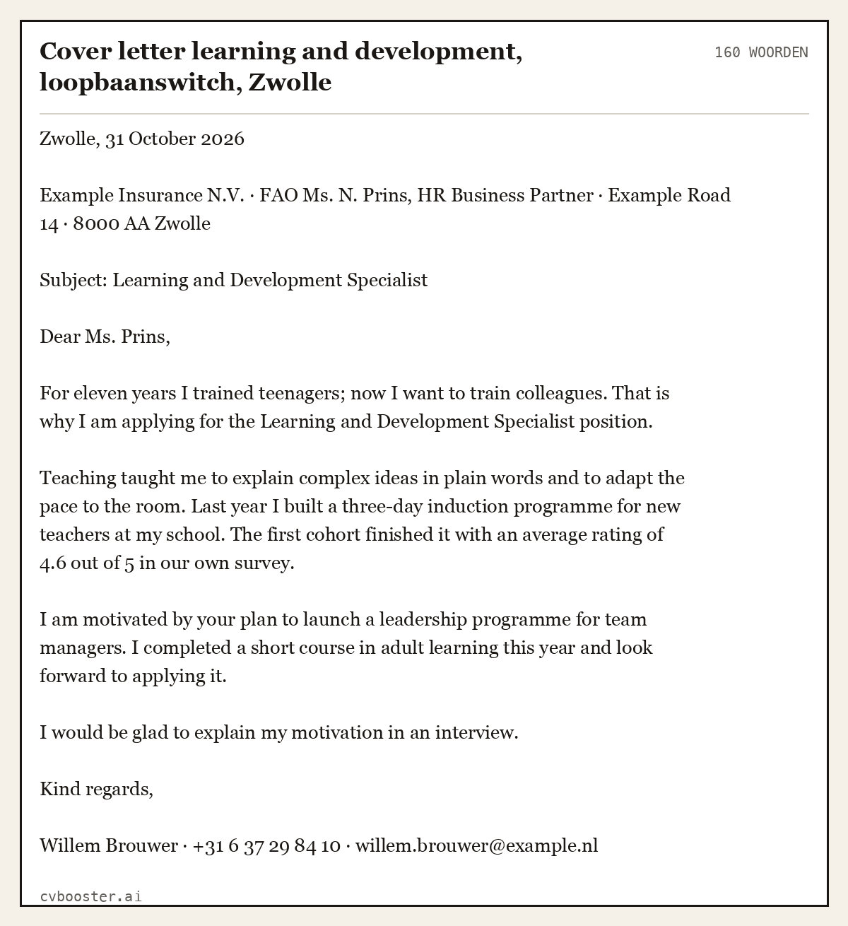 Uitgewerkt voorbeeld: Cover letter learning and development, loopbaanswitch, Zwolle, 160 woorden