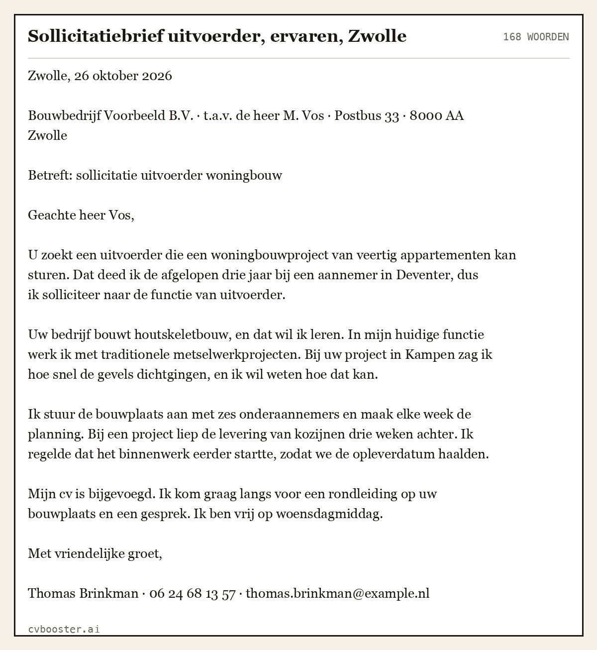 Uitgewerkt voorbeeld: Sollicitatiebrief uitvoerder, ervaren, Zwolle, 168 woorden