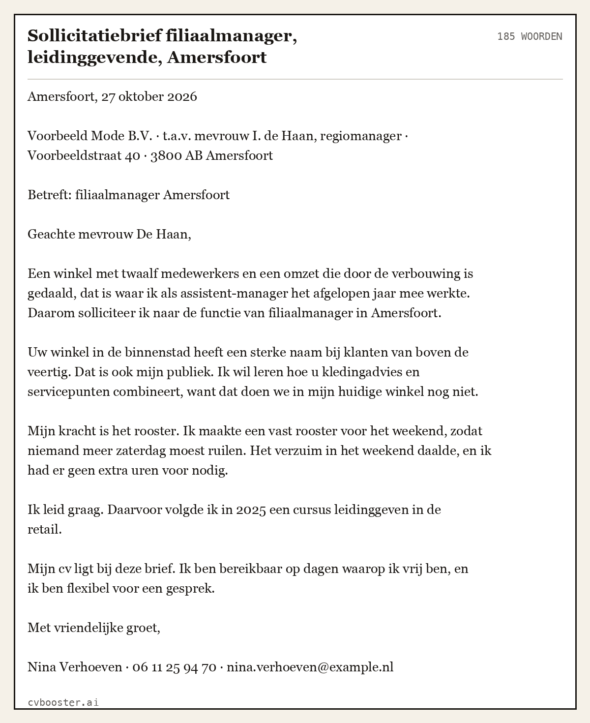 Uitgewerkt voorbeeld: Sollicitatiebrief filiaalmanager, leidinggevende, Amersfoort, 185 woorden