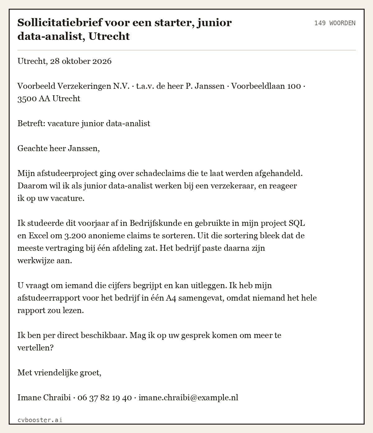 Uitgewerkt voorbeeld: Sollicitatiebrief voor een starter, junior data-analist, Utrecht, 149 woorden