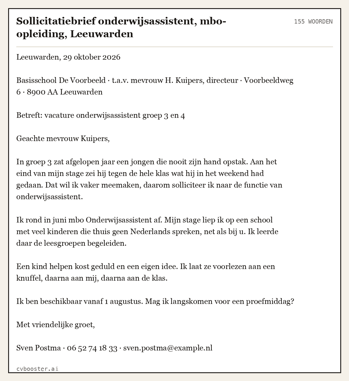 Uitgewerkt voorbeeld: Sollicitatiebrief onderwijsassistent, mbo-opleiding, Leeuwarden, 155 woorden