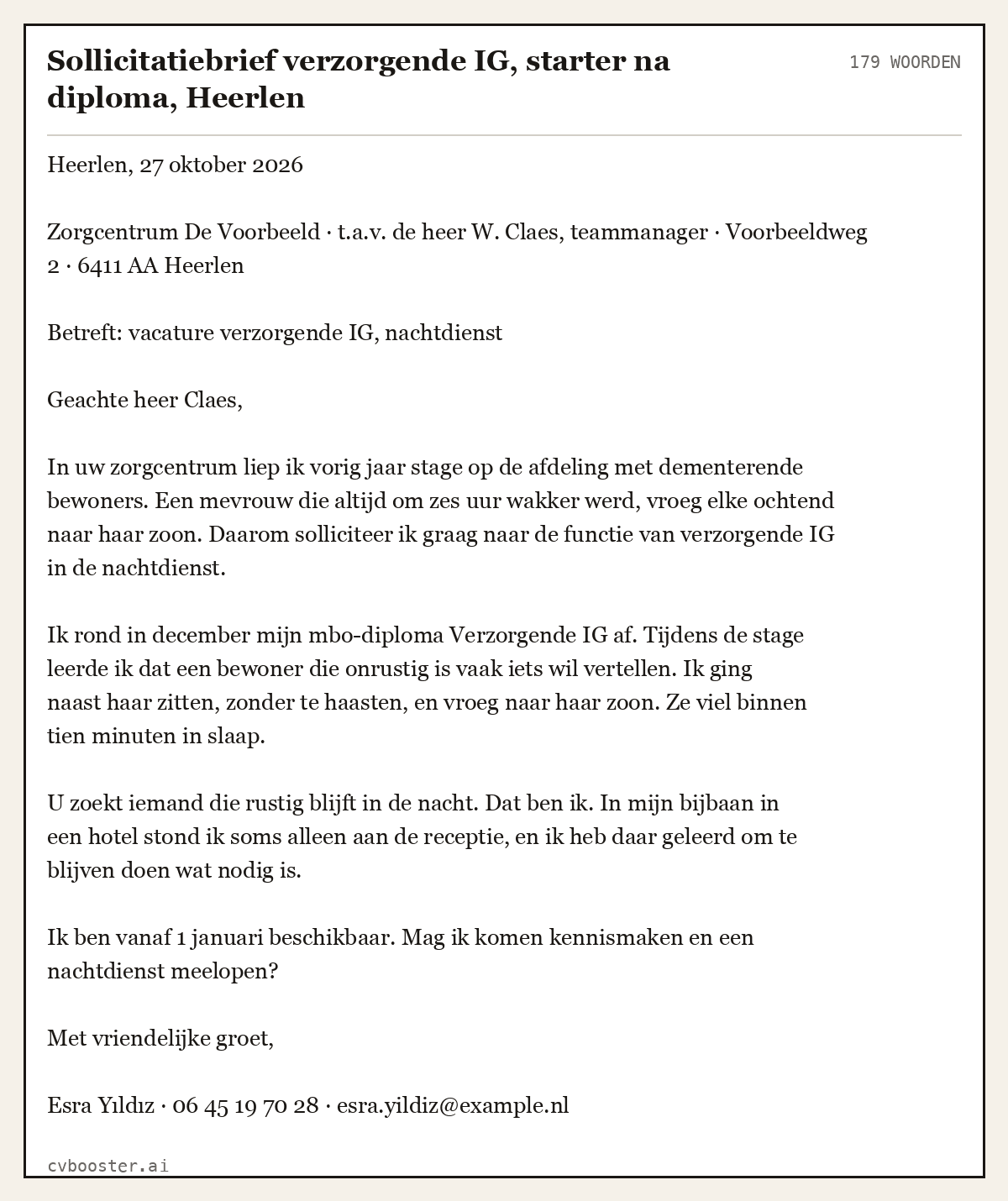 Uitgewerkt voorbeeld: Sollicitatiebrief verzorgende IG, starter na diploma, Heerlen, 179 woorden