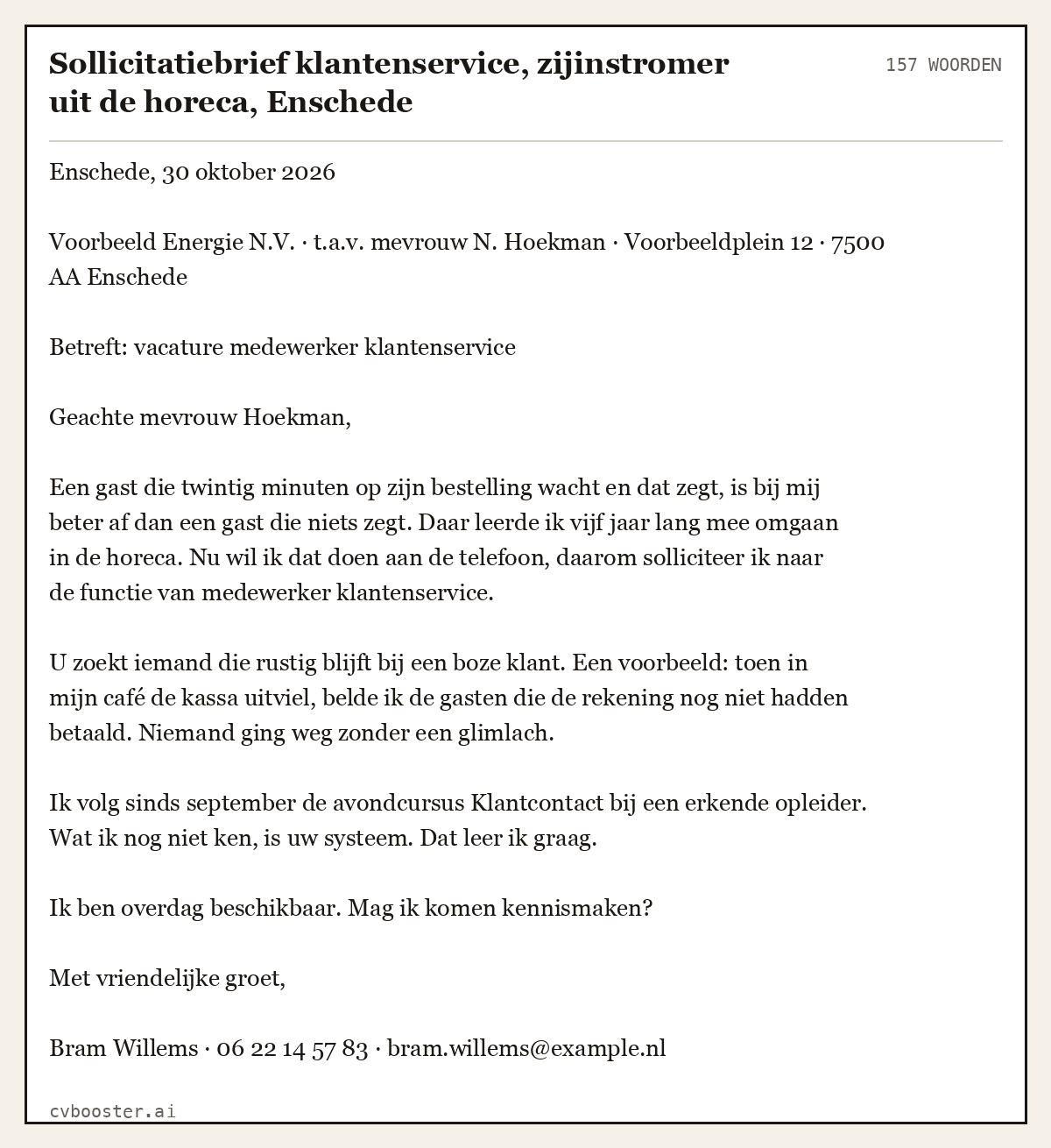 Uitgewerkt voorbeeld: Sollicitatiebrief klantenservice, zijinstromer uit de horeca, Enschede, 157 woorden