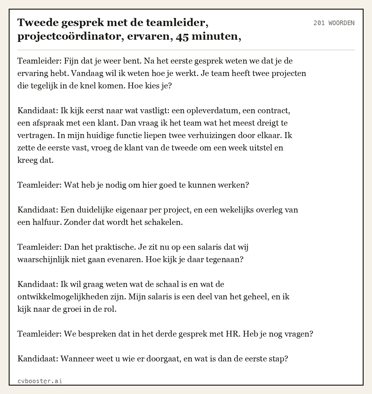 Uitgewerkt voorbeeld: Tweede gesprek met de teamleider, projectcoördinator, ervaren, 45 minuten, Utrecht, 201 woorden