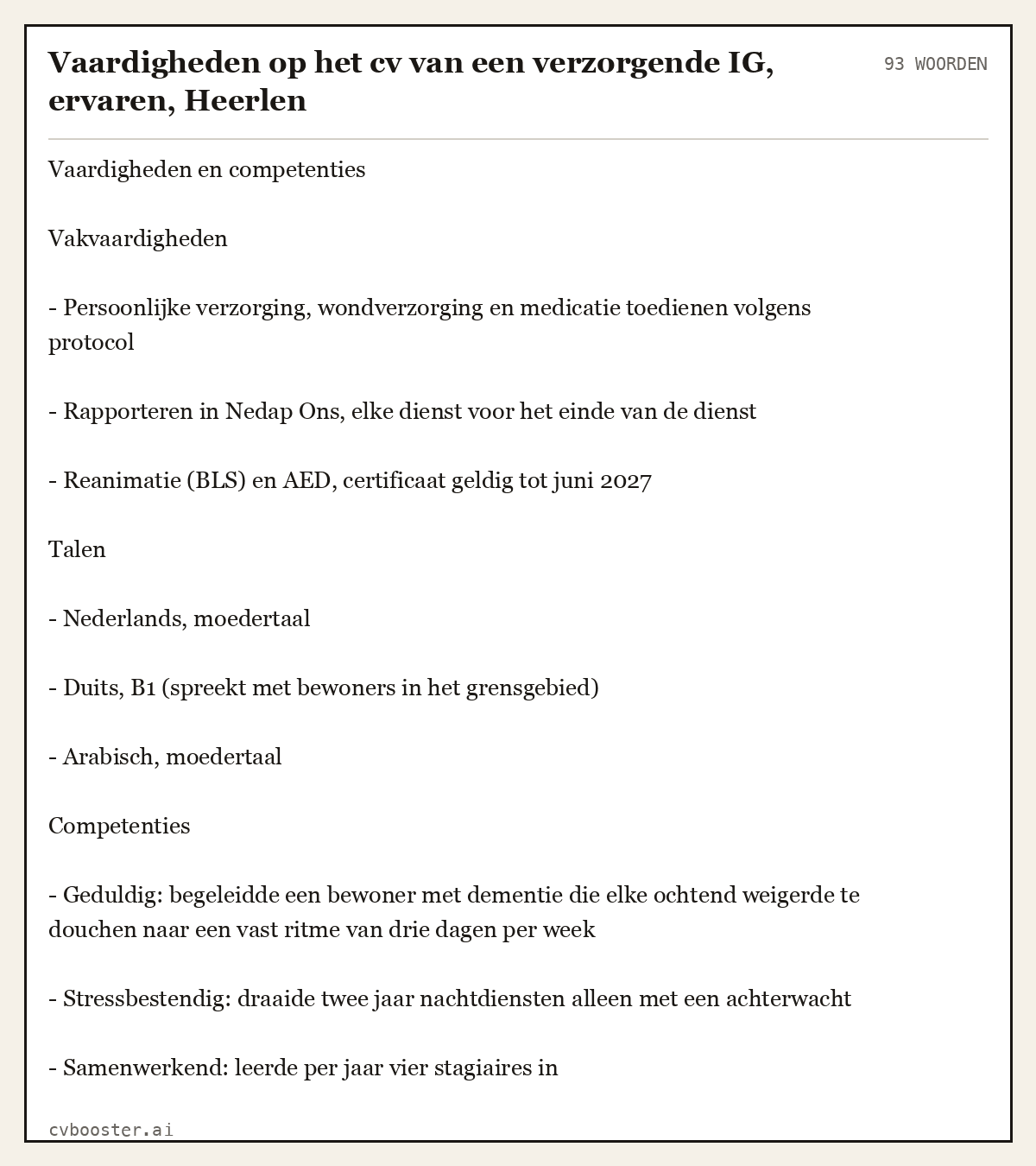 Uitgewerkt voorbeeld: Vaardigheden op het cv van een verzorgende IG, ervaren, Heerlen, 93 woorden