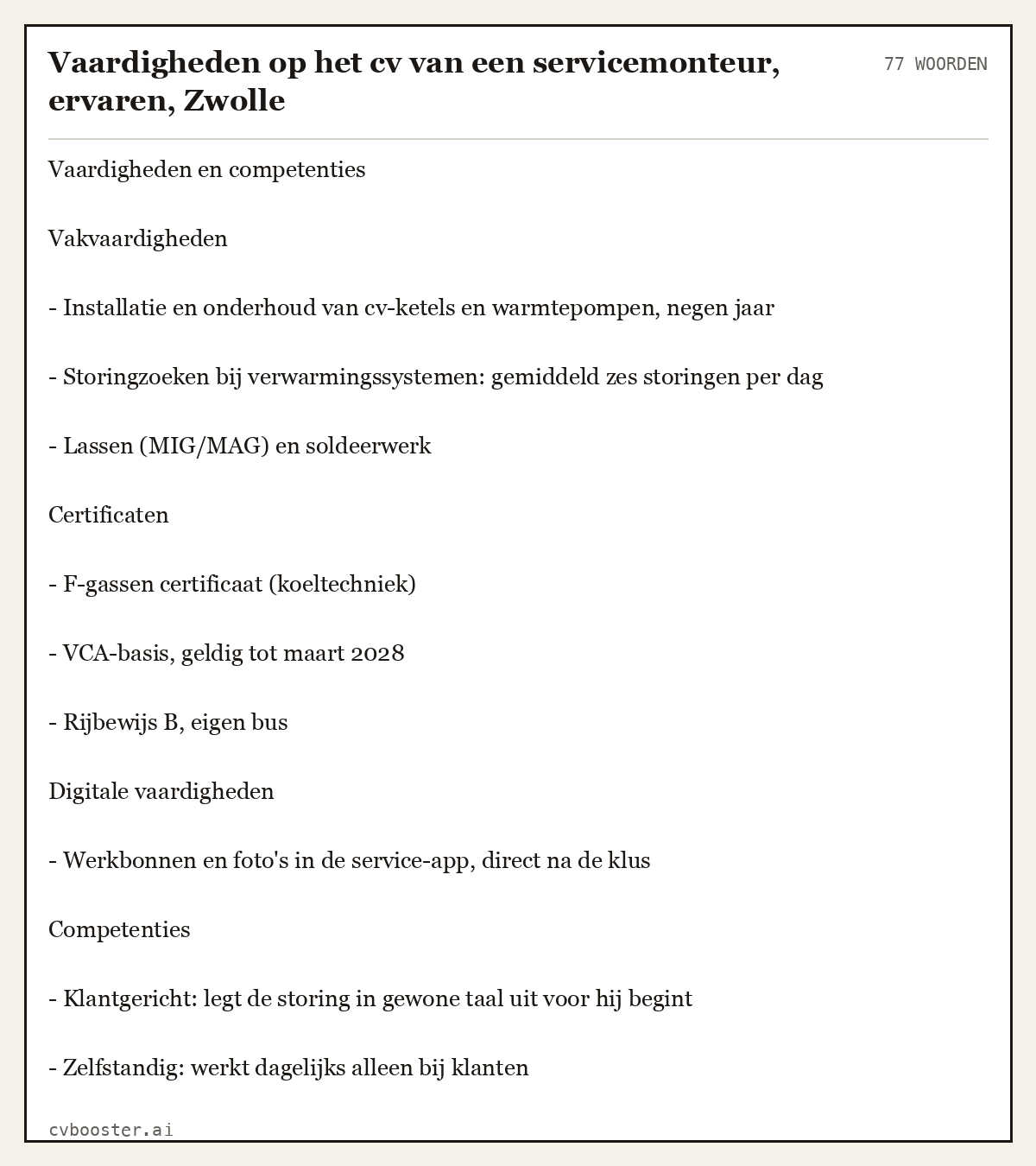 Uitgewerkt voorbeeld: Vaardigheden op het cv van een servicemonteur, ervaren, Zwolle, 77 woorden