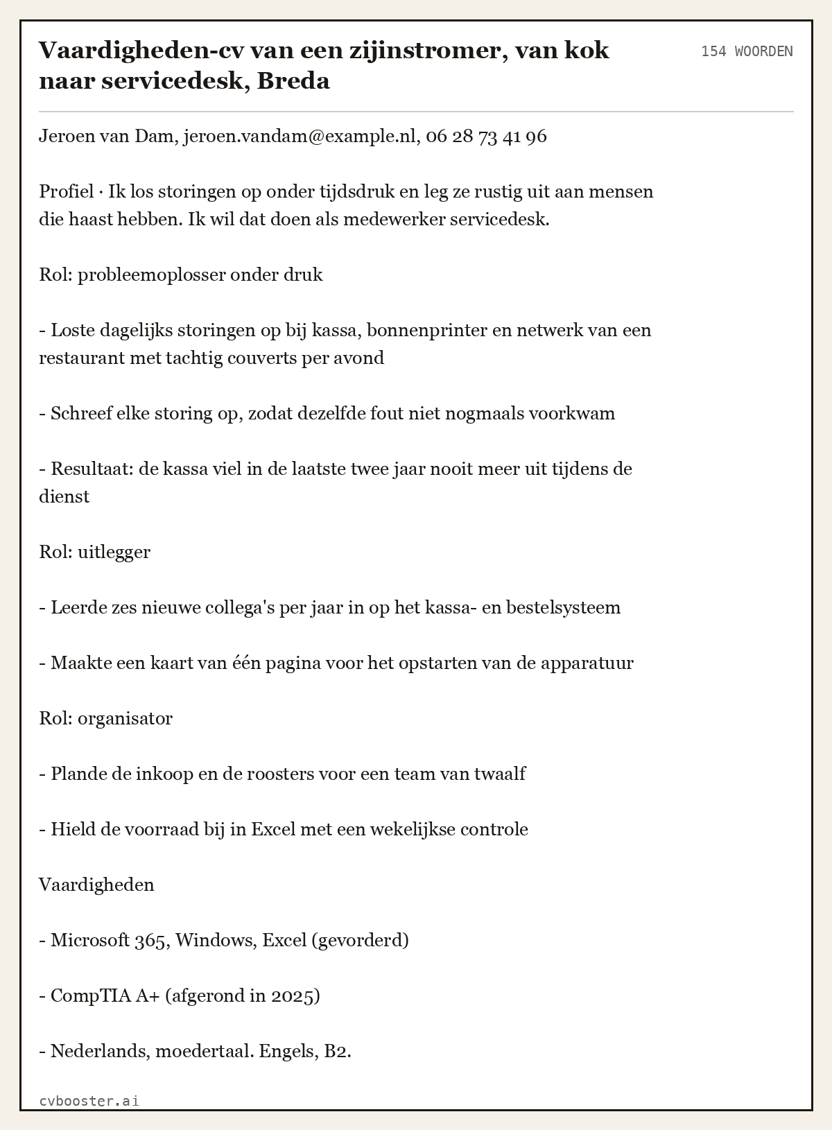 Uitgewerkt voorbeeld: Vaardigheden-cv van een zijinstromer, van kok naar servicedesk, Breda, 154 woorden